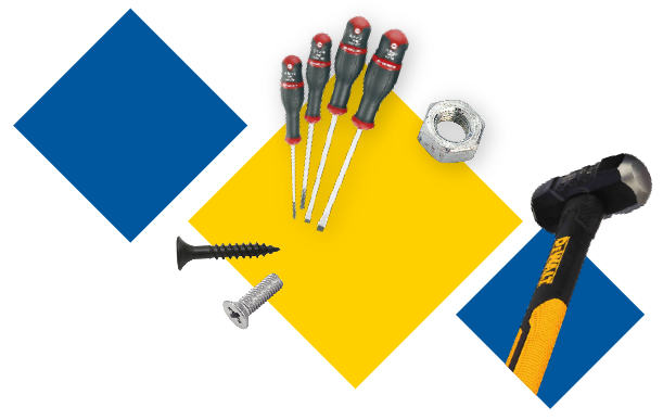 image de tournevis vis et marteau sur fond en forme de losange de couleur bleu et jaune 